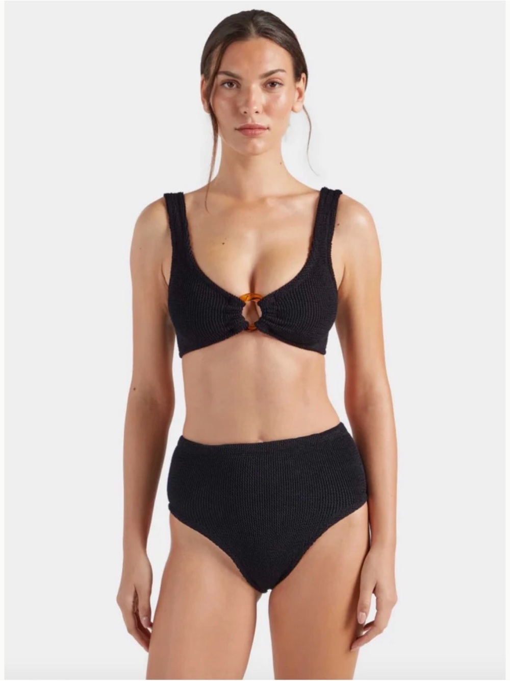 Hunza G Ribbed Bandeau Bikini with Tortoise Ring Detail